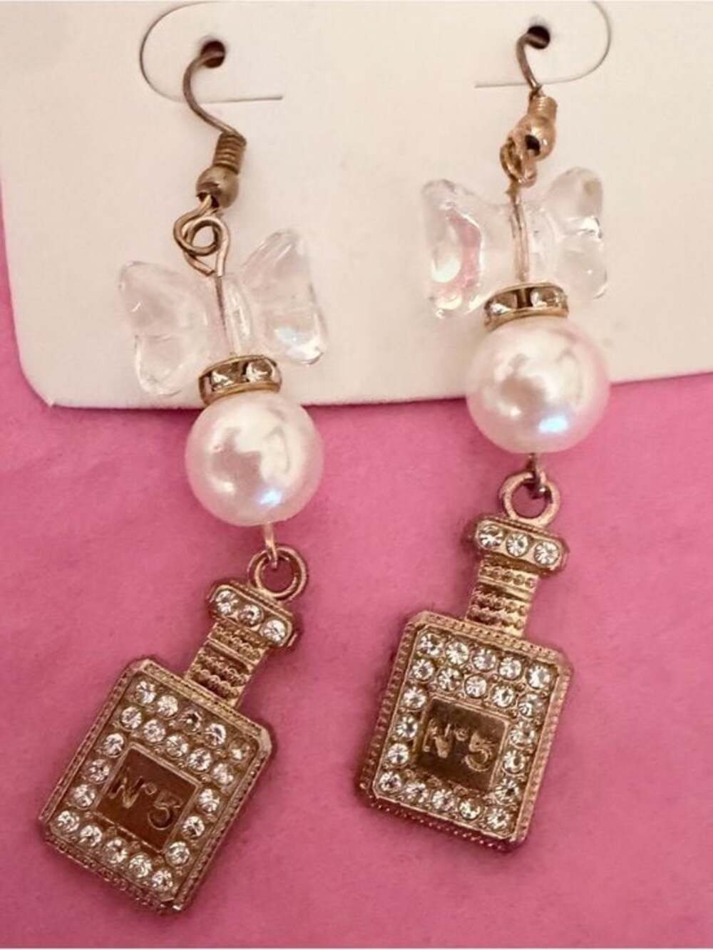 Gold-Tone Crystal Bow Pearl Perfume Bottle Drop Earrings